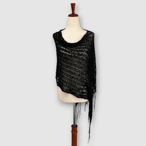 Y2k Vintage Black Open Knit Asymmetrical Fringe Poncho Shawl